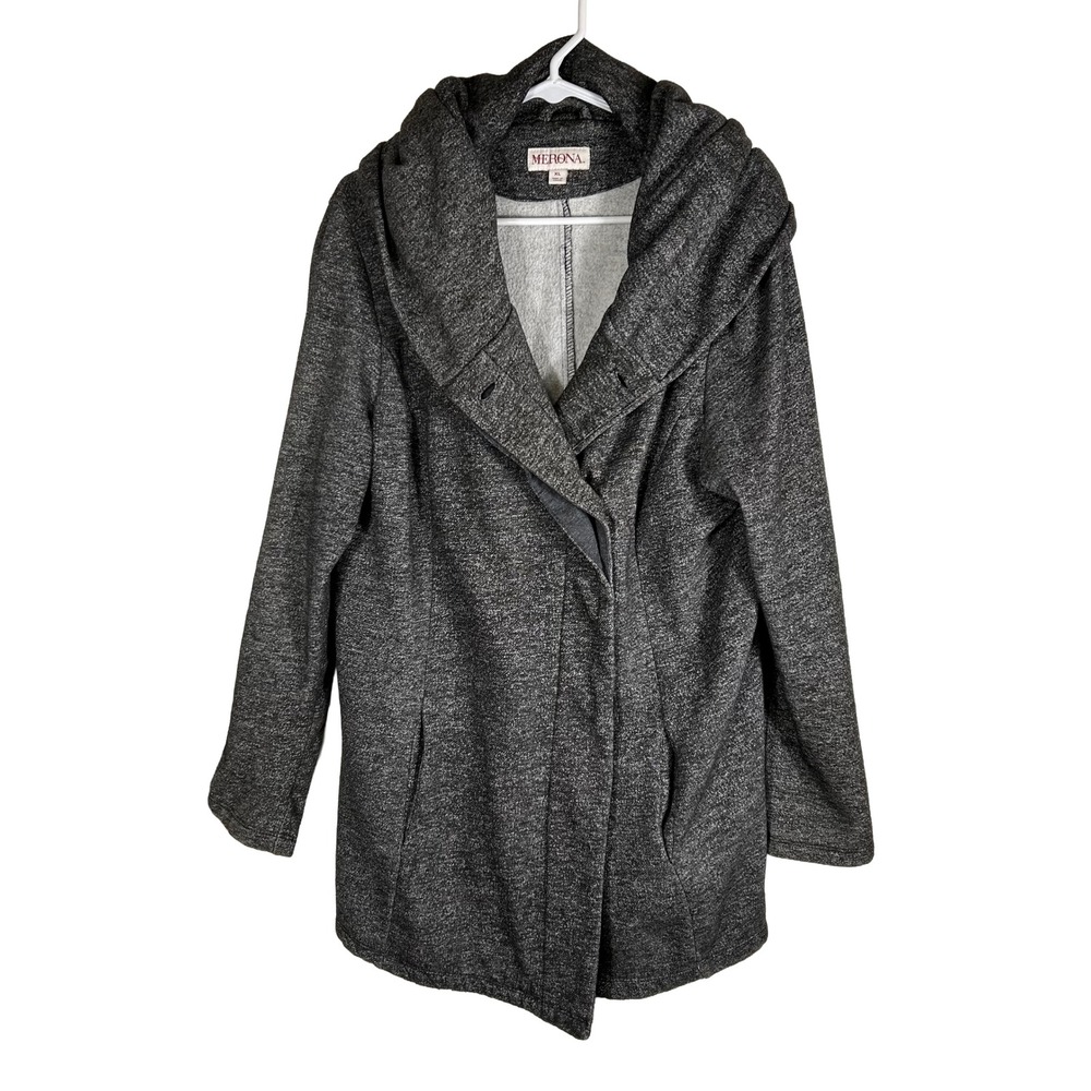 Merona Womens XL Charcoal Gray Heathered Shawl Collar Hooded Wrap Jacket Coat